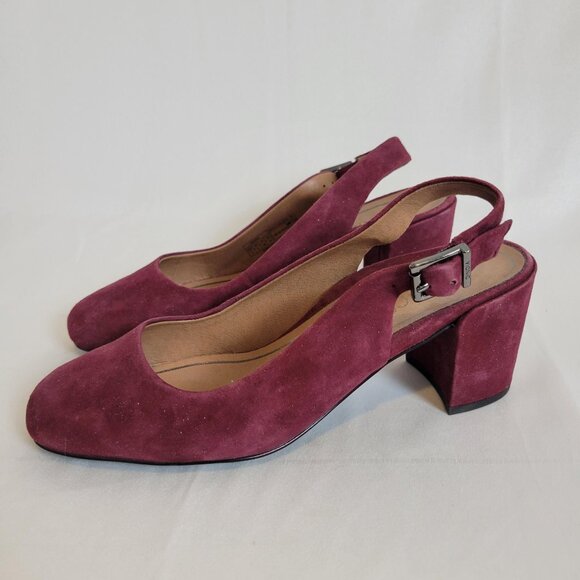 Vionic 7 M/38 Plaza Nareen Wine Red Suede Leather Slingbacks Block Heels Pumps - Picture 1 of 6